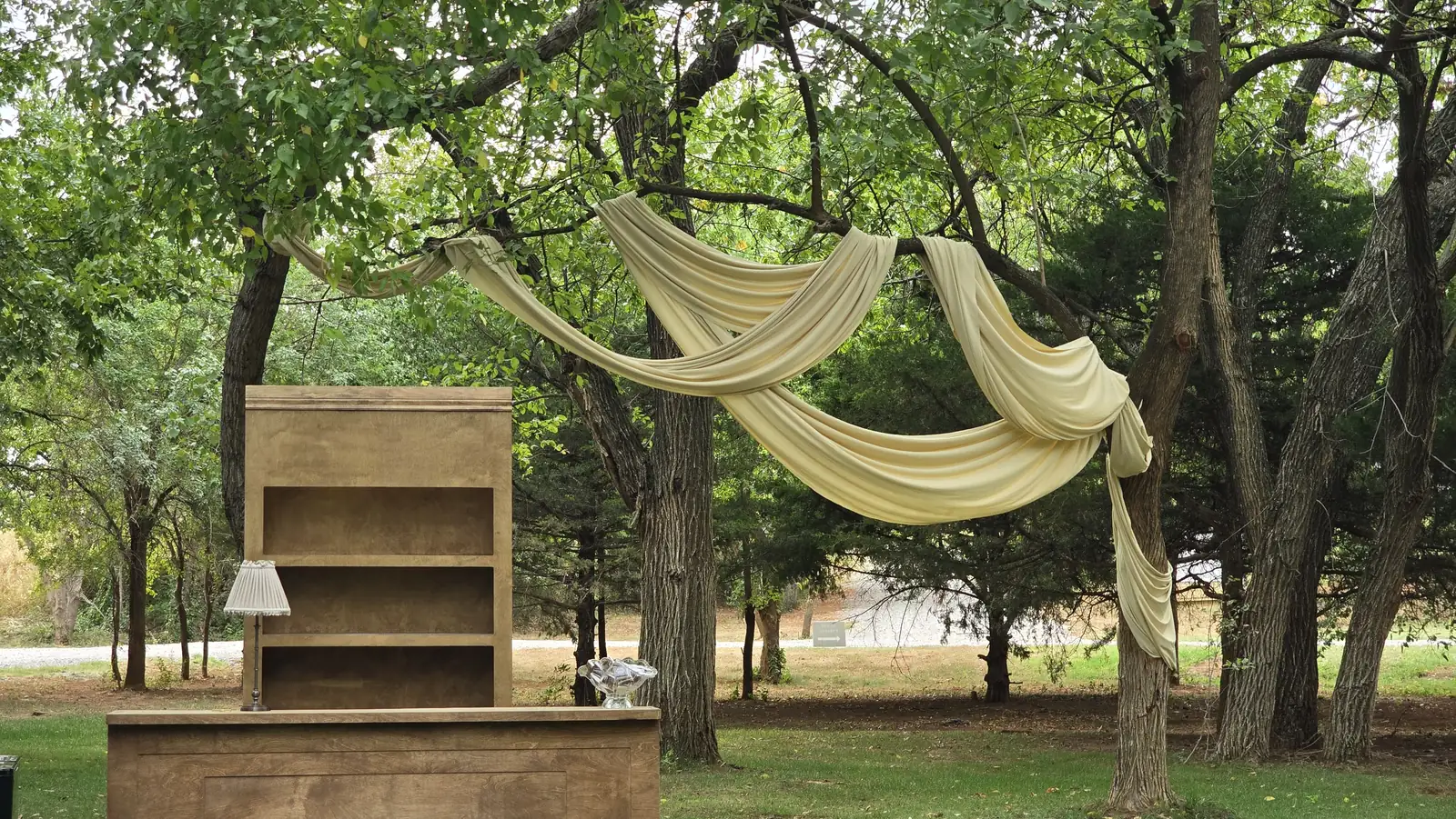 Champagne swags draped through the trees above the bar
